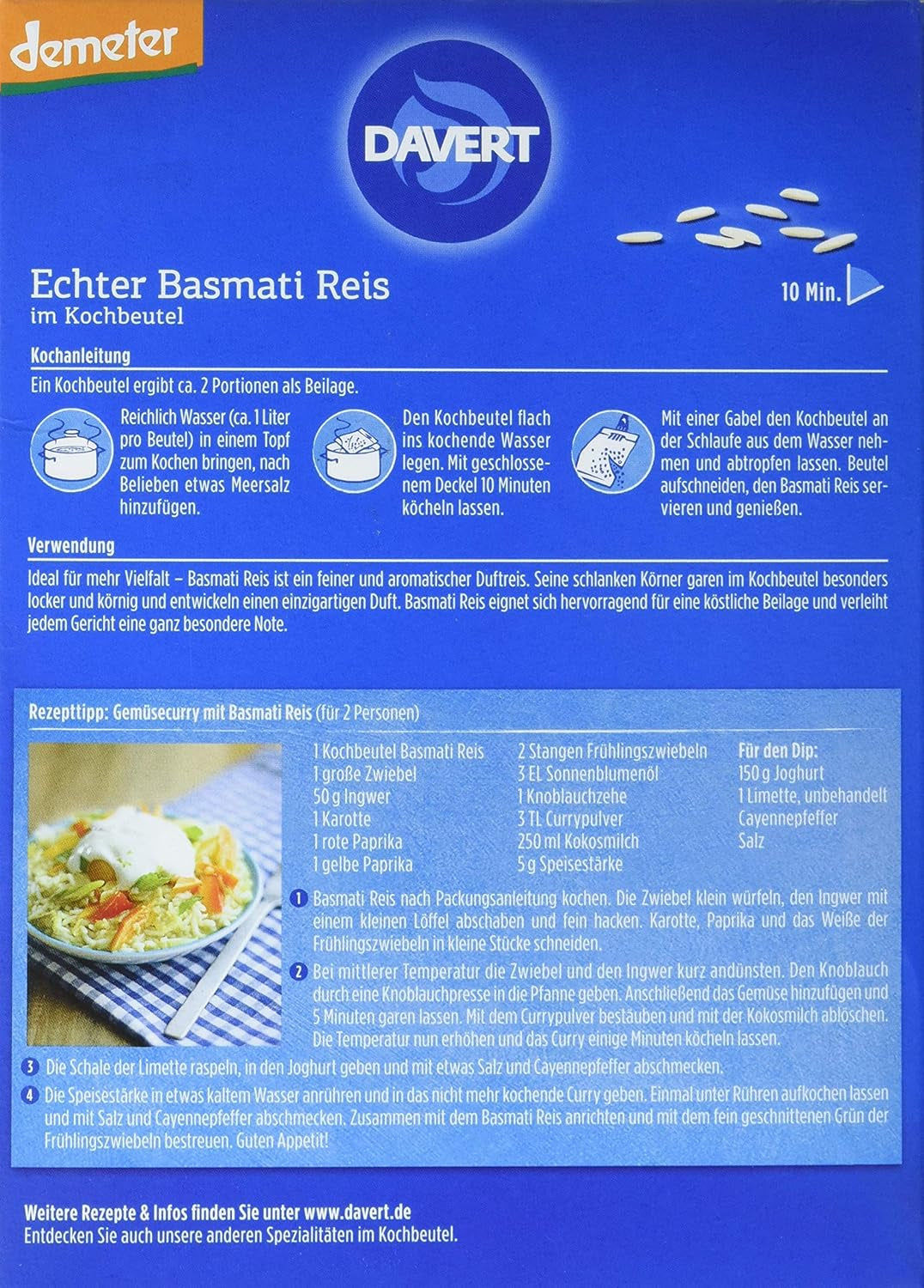 Orez Basmati organic Davert în pungi de gătit, 2 pungi, 250g