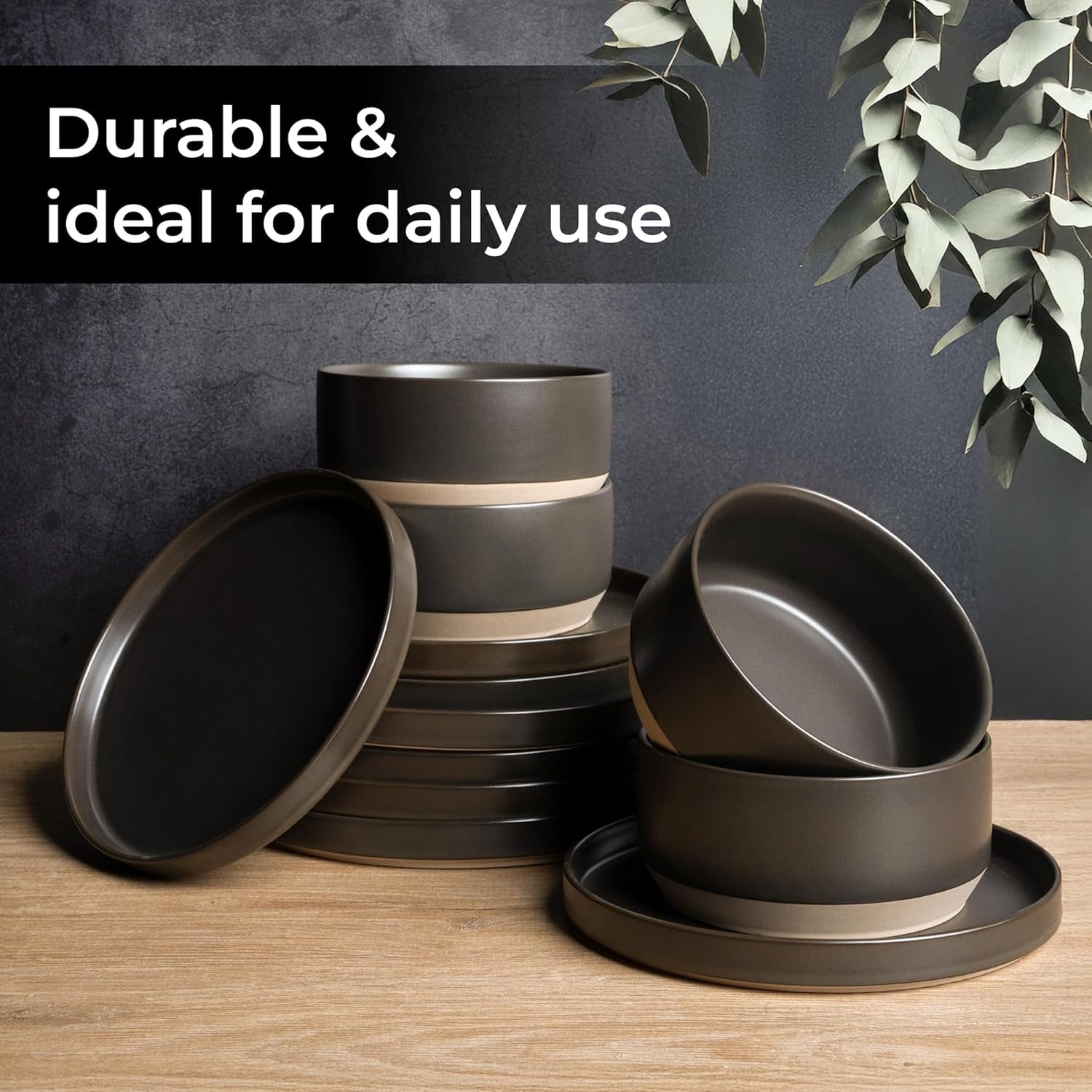 MIAMIO – Set de farfurii de 4 persoane / Set de veselă ceramică pentru 4 persoane, veselă din gresie, potrivită pentru mașina de spălat vase și cuptorul cu microunde – Colecția Sierra (Farfurii închise la culoare, farfurii mari (4x))