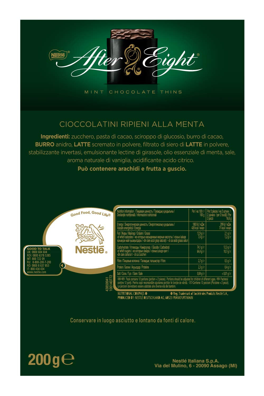 NESTLÉ AFTER EIGHT, pătrățele subțiri de ciocolată neagră cu umplutură de cremă de mentă pentru cunoscători, pachet de 5 (1 x 200g)