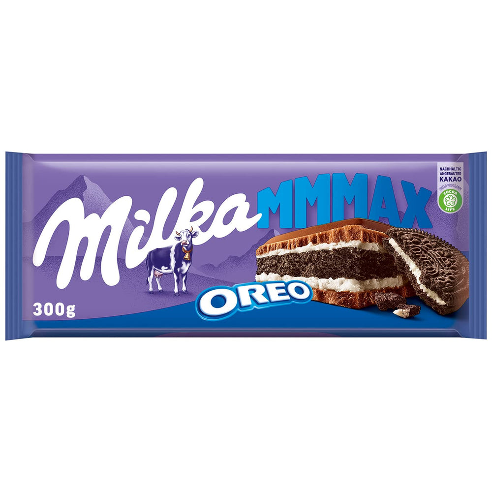 Milka Mmax Oreo – Ciocolată cu lapte alpină cu fursecuri Oreo crocante și cremă de lapte – 300g