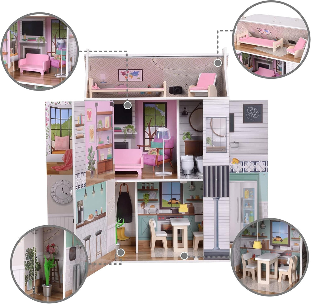 Olivia'S Little World Dreamland Farmhouse Kids Interactive Wooden Dollhouse 3 etaje cu 13 accesorii de mobilier pentru păpuși alb TD-13632A Casute de papusi Naty Shop