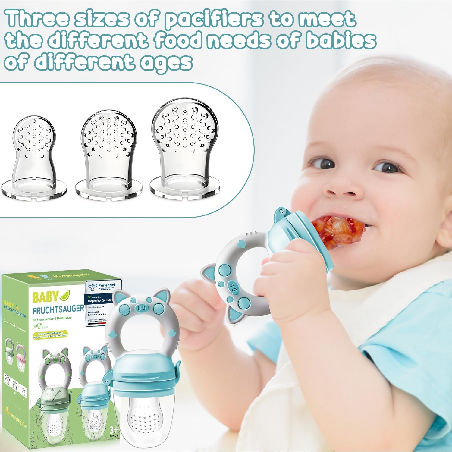 Hrănitoare cu fructe pentru bebeluși, pachet de 2 suzete cu fructe pentru bebeluși de la 3 luni în sus, versiune îmbunătățită 2023, suzete umplubile, suzete din terci, suzete cu fructe pentru bebeluși, fără BPA, 8 tetine din silicon în 3 dimensiuni