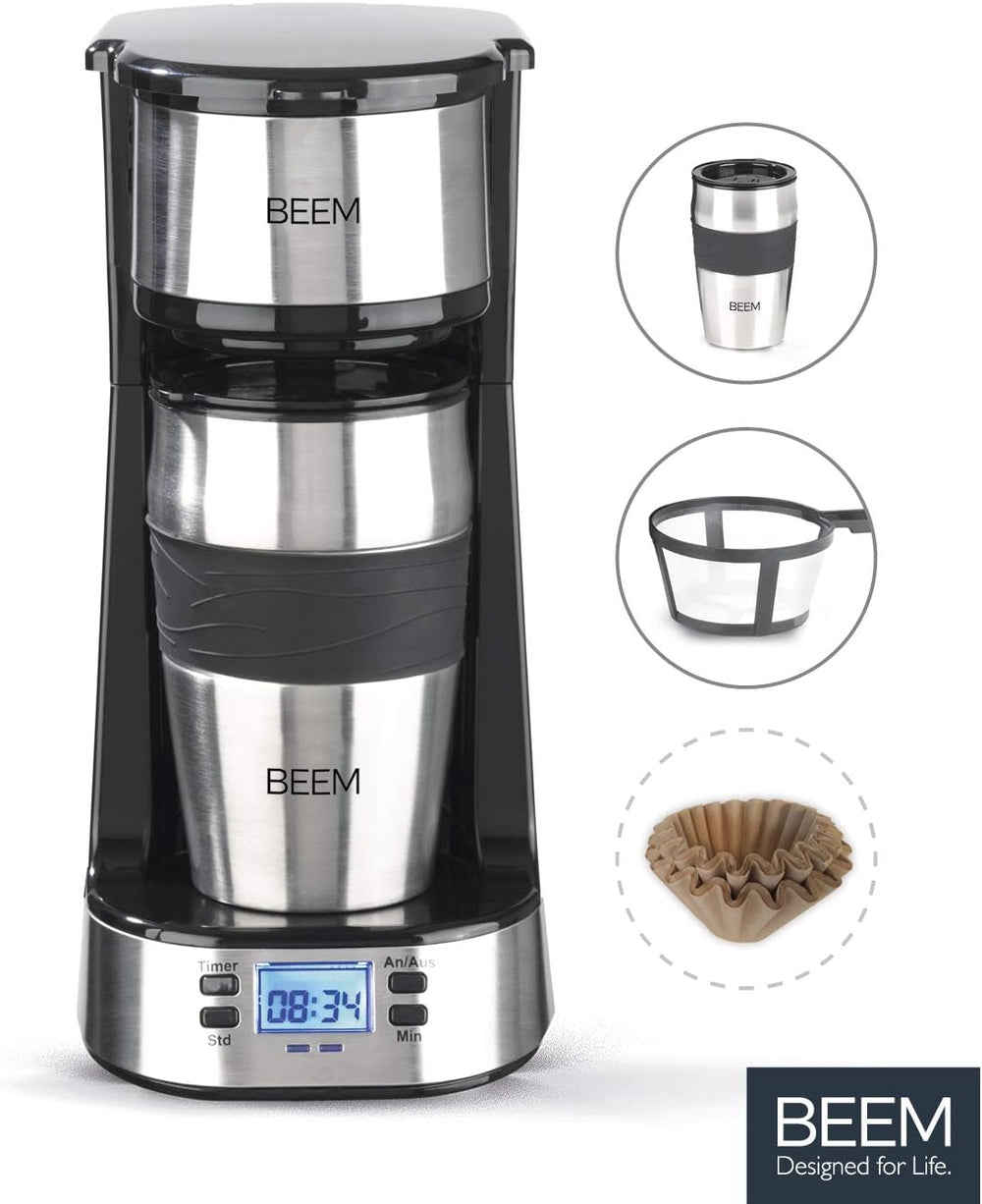Espressor cu filtru unic BEEM THERMO 2 GO cu cană termică de 0,4 l | Filtru permanent | Cu cronometru de 24 de ore pentru o ceașcă de cafea fierbinte dimineața, fără așteptare | 750 W