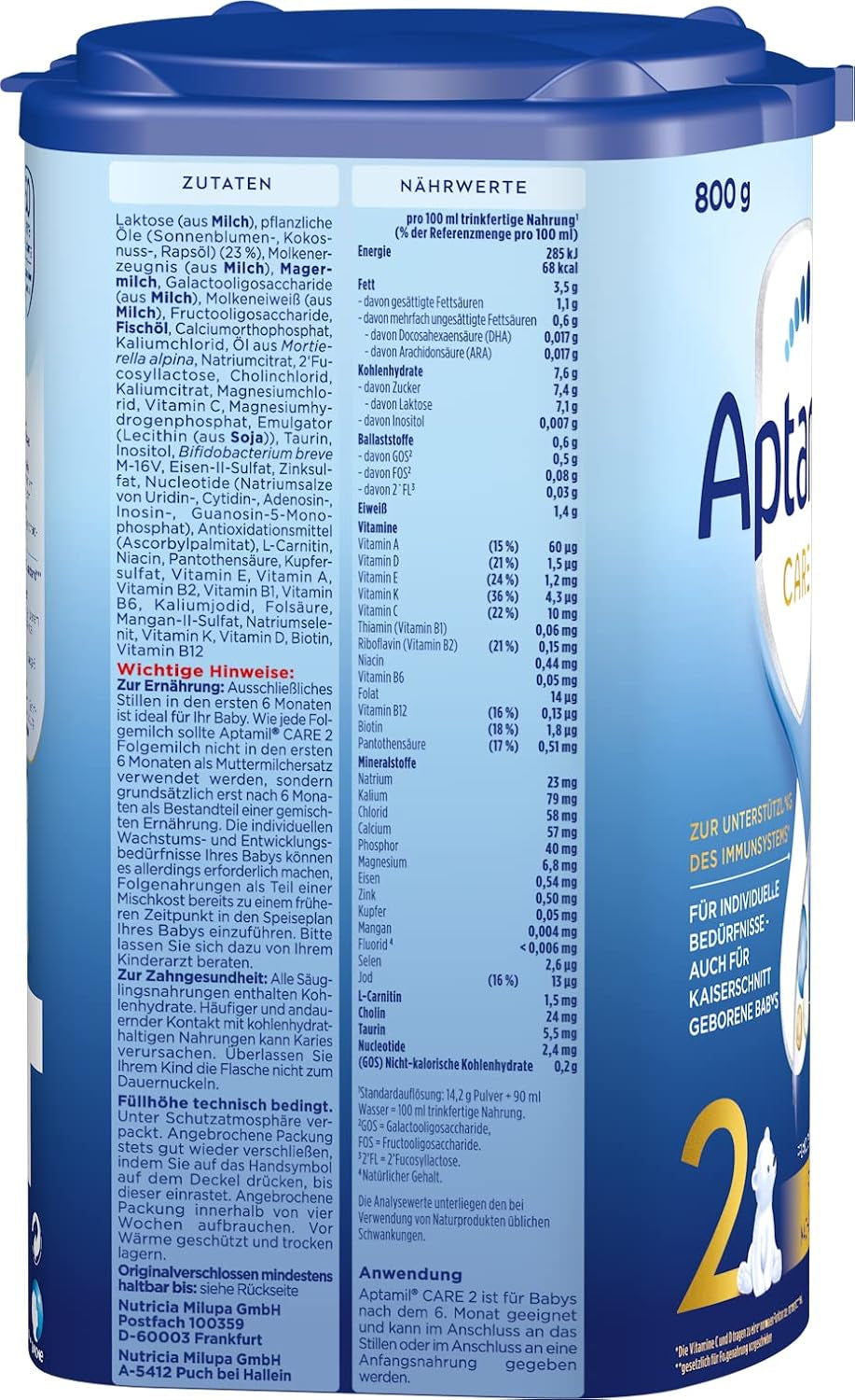Aptamil Care 2 – Lapte de continuare după 6 luni, cu Omega 3 și 6, DHA și ARA, fără ulei de palmier, hrană pentru bebeluși, lapte praf, 1 x 800 g (pachet de 3)