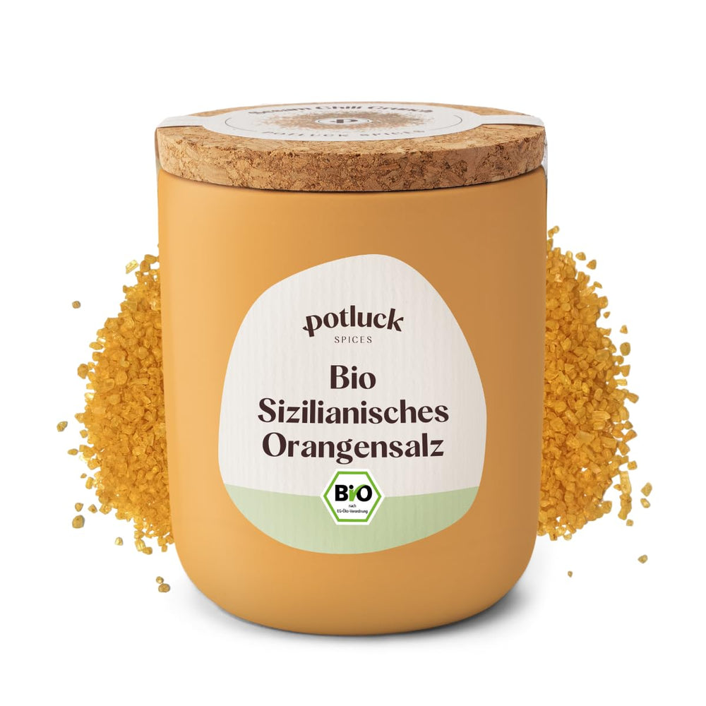 Potluck | Bio Sizilianisches Zitronensalz | Gewürzsalz für Fisch, Meeresfrüchte, Gemüse, Salate und Dressings | 140g im Keramiktopf