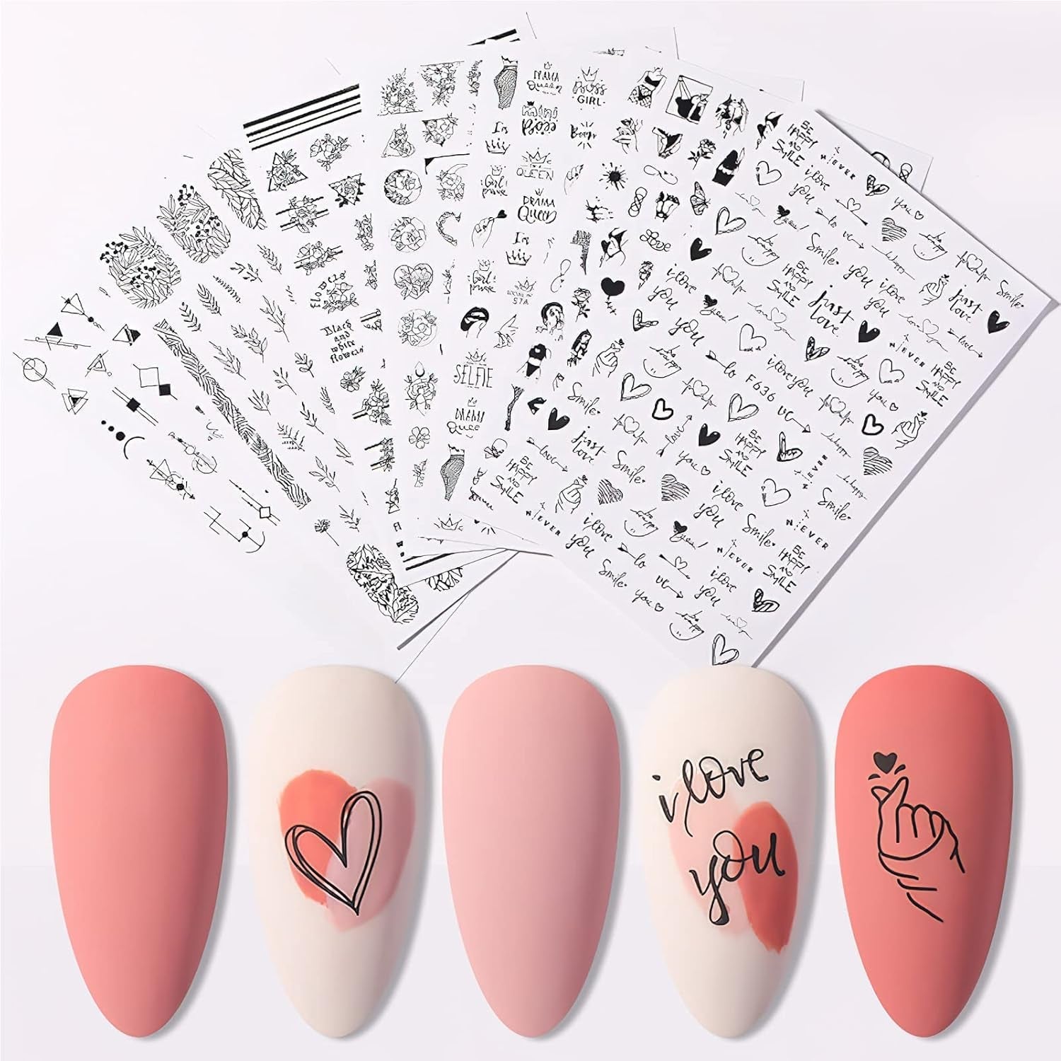 7 Blätter Nagelsticker Selbstklebend Nagelsticker Blumen Abstrakt 3D Schwarz Nagelaufkleber Nageldesign Herzform Wörter Pflanzen Nagel Sticker DIY Nail Art Zubehör Maniküre Dekoration