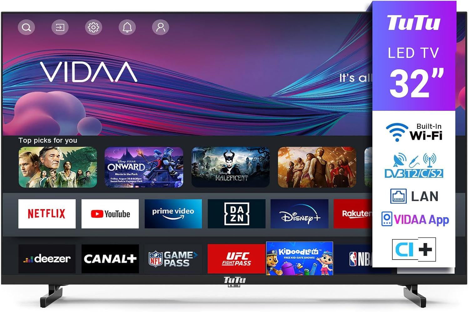 TuTu TUV32HQ1B Smart TV de 32 de inci, televizor LED HD de 80 cm cu Wi-Fi, App Store, tuner triplu (DVB-T/T2, DVB-C, DVB-S/S2), HDMI, USB