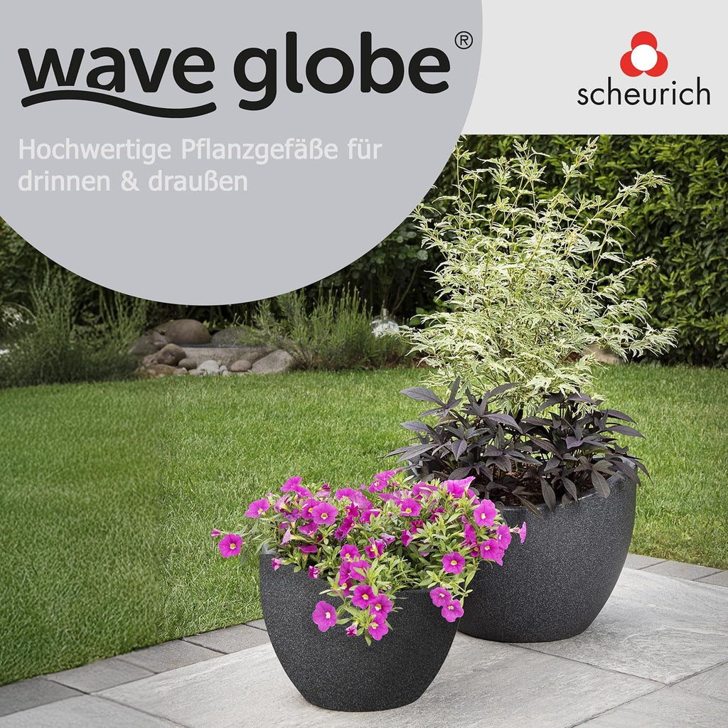 Ghiveci Scheurich Wave Globe, din plastic, granit negru, diametru 30 cm, înălțime 22 cm, volum 19 l.