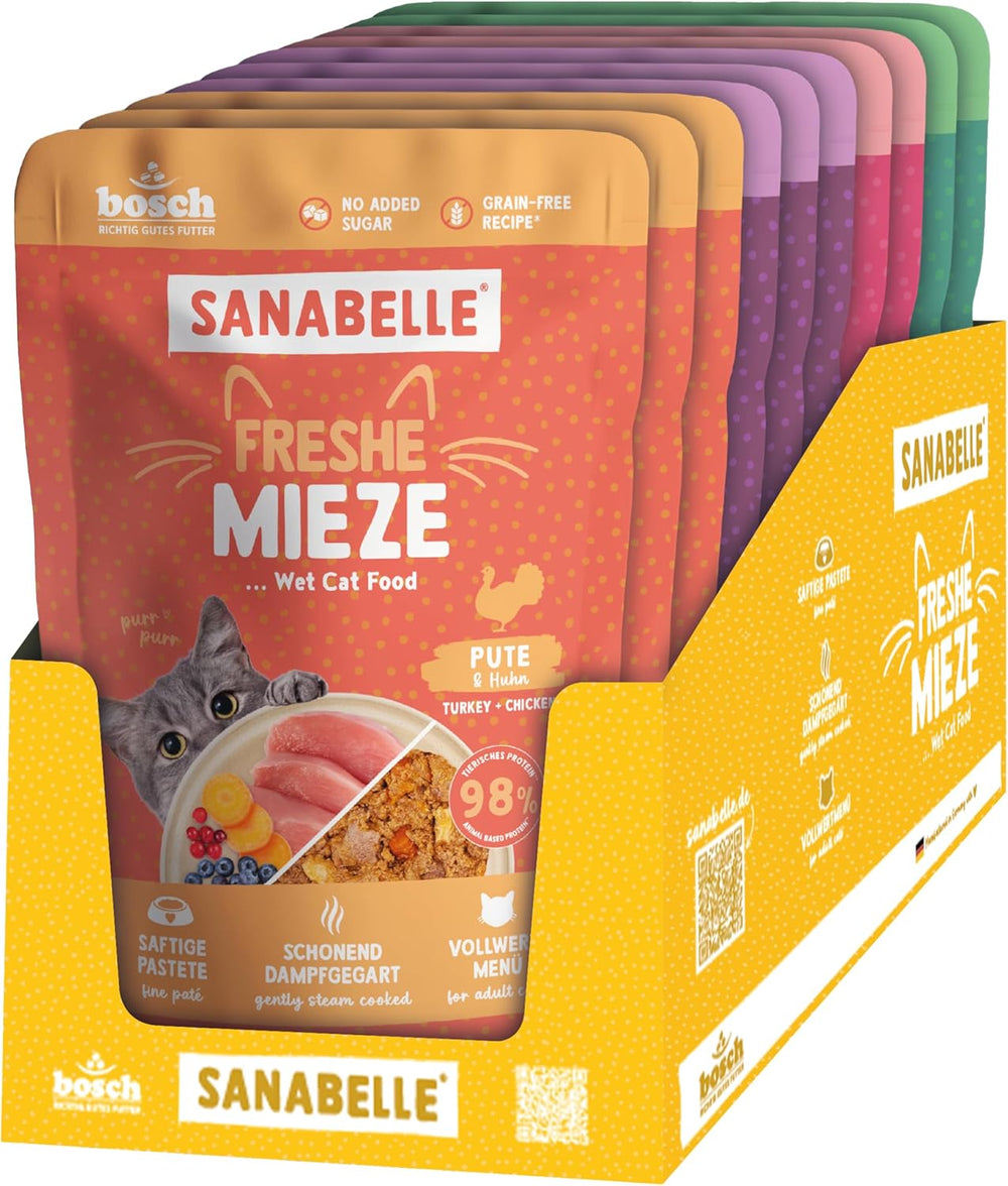 Sanabelle Freshe Mieze - Mixtray | 10 x 100g Mixpack | 4 varietăți delicioase de hrană pentru pisici de încercat | Hrană umedă pentru pisici gătită la abur, exact ca proaspăt gătită
