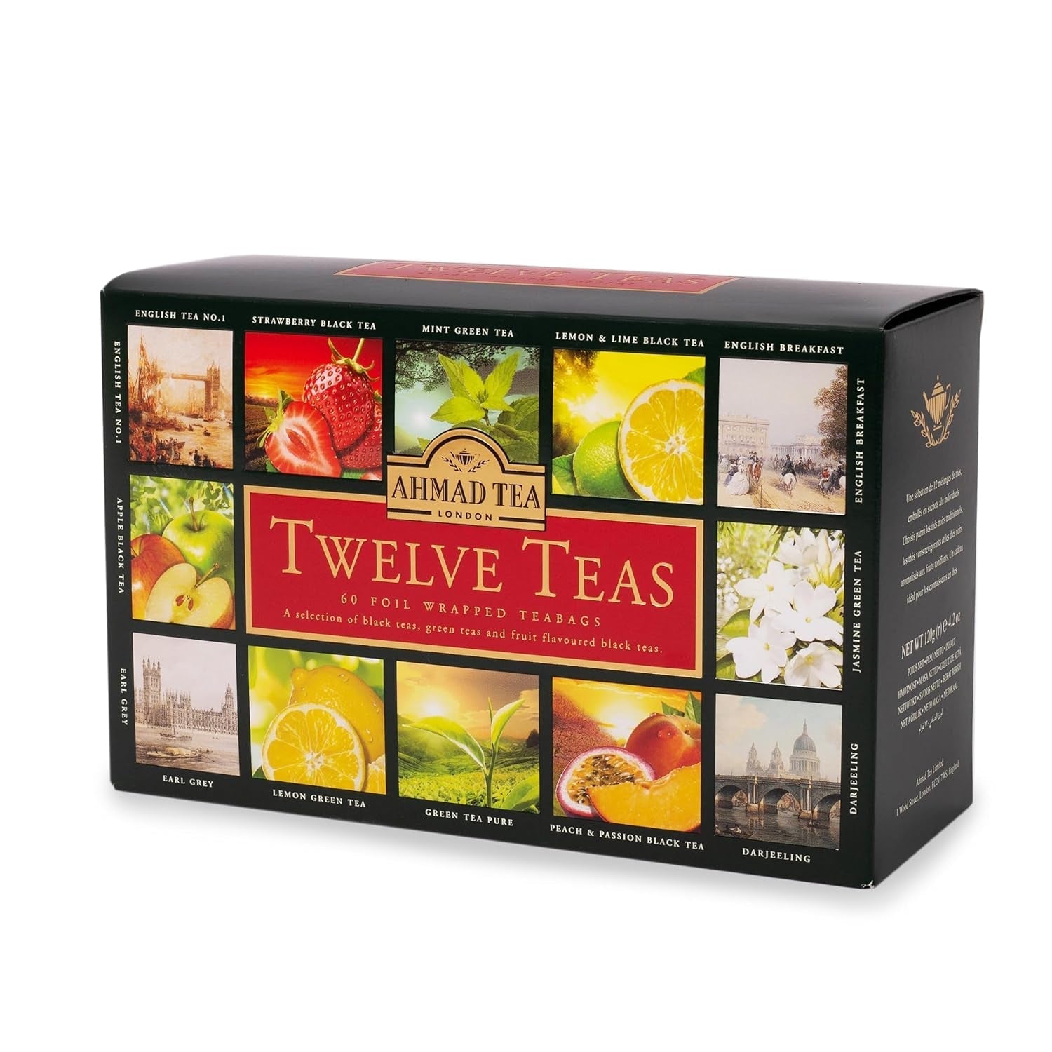 Ahmad Tea - Twelve Teas - Sortiment de 12 sortimente de ceai negru și ceai verde cu diferite arome - 60 pliculețe de ceai ambalate individual, sigilate pentru păstrarea aromelor, cu panglică, 120 g ceai