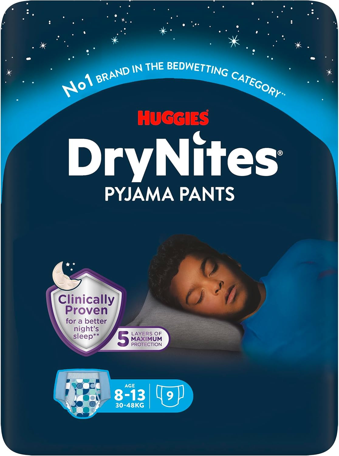 Scutece Huggies DryNites foarte absorbante pentru noapte, pentru enurezis, pentru băieți 8-13 ani (30-48 kg), 27 bucăți (3 x 9 bucăți), scutece-chiloți