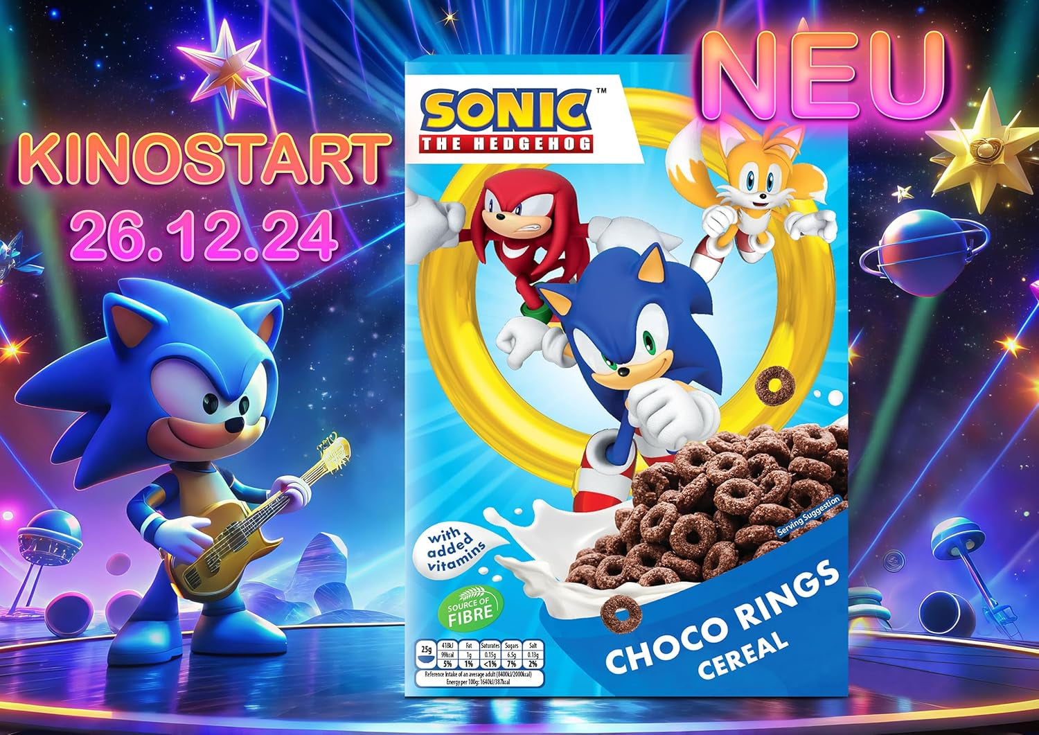 Cereale Sonic Choco Rings, inele de ciocolată din grâu, ovăz și porumb pentru micul dejun perfect, cu vitamine adăugate, 1 pachet (1 x 350g)