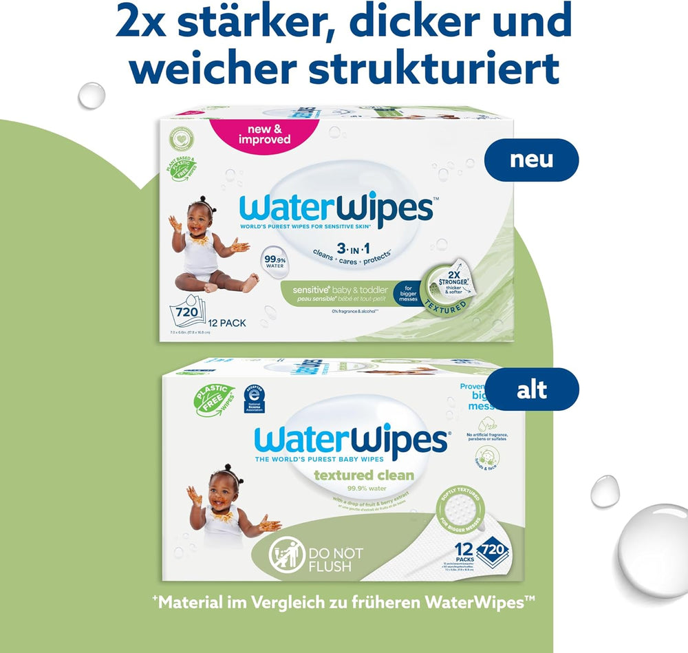 Șervețele umede WaterWipes Sensitive+ pentru bebeluși și copii mici, 720 bucăți (12 pachete), curățare 3 în 1, îngrijire, protecție, 99,9% apă, curățare texturată, fără parfum