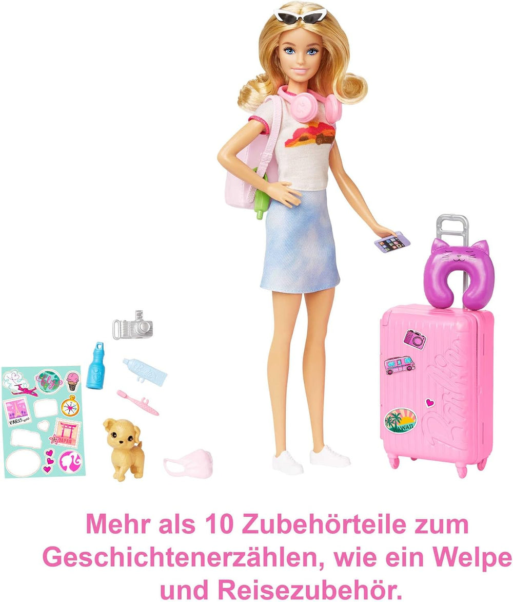Păpușă Barbie, Barbie de călătorie cu păr blond, peste 10 accesorii de călătorie, autocolante, valiză, cățeluș, include 1 păpușă, cadou pentru copii, jucărie pentru vârsta de 3 ani și peste, HJY18