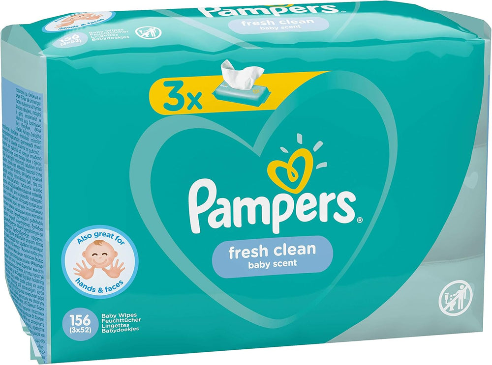 Șervețele umede pentru bebeluși Pampers Fresh Clean 81688041, 3x52 bucăți, (Șervețel umed pentru bebeluși, Pungă de plastic, Fetiță/Băiat, Turcoaz, Alb, Germania, 896,7 g)