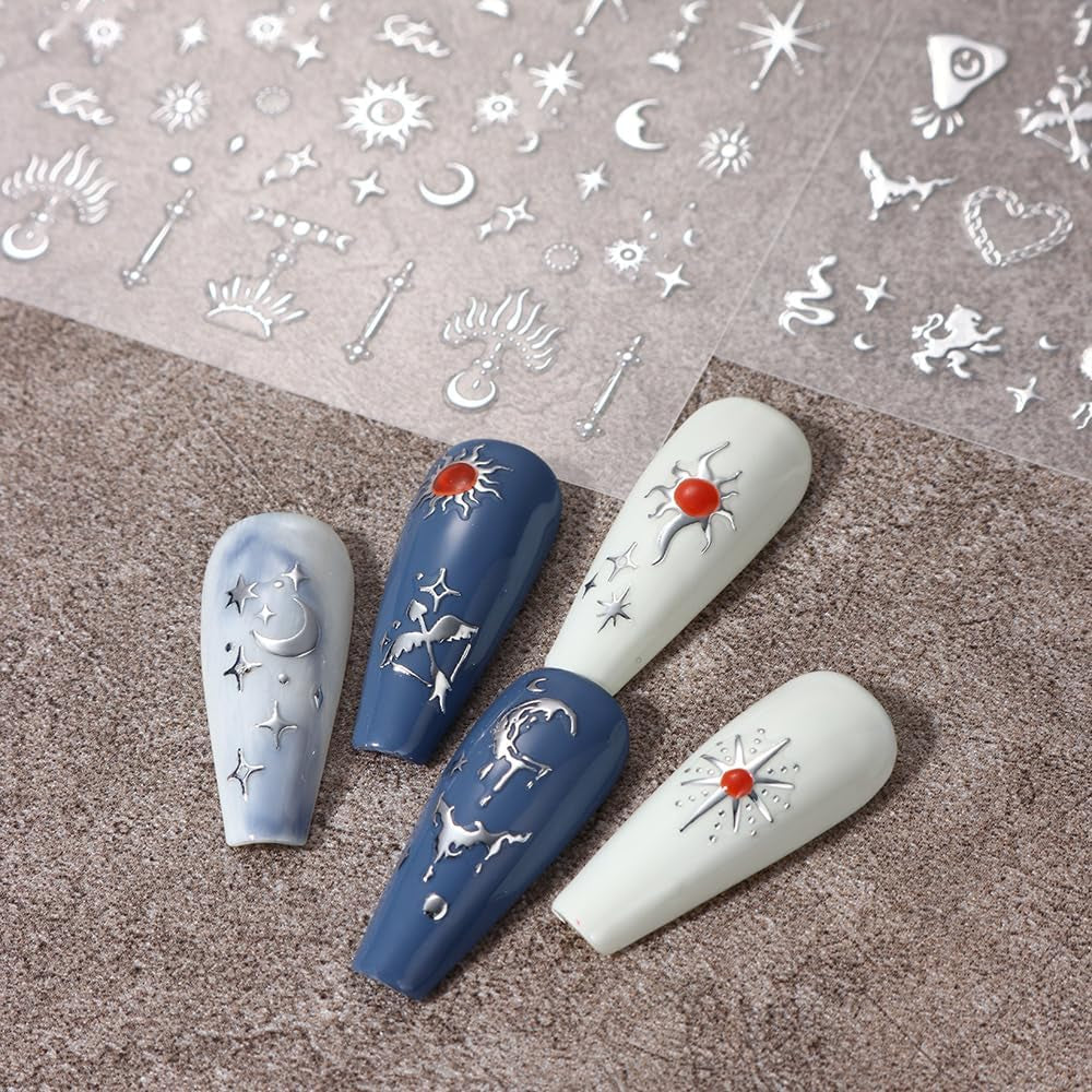 Autocolante 3D metalice argintii pentru unghii, autocolante pentru unghii pentru femei, stea, lună, soare, folie de unghii, autocolante autoadezive, autocolante fluture pentru unghii, autocolante pentru unghii, accesorii pentru design unghii, 8 bucăți