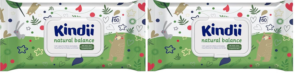 Șervețele umede Kindii Natural Balance pentru bebeluși – (1 x 60 buc.) Șervețele umede pentru bebeluși și copii – Protectoare, Aloe Vera, Parfum delicat – 60 buc.