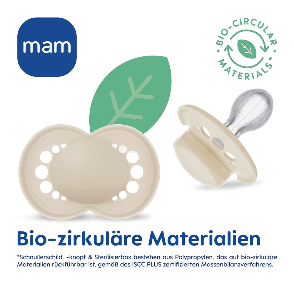 Suzete MAM Original, pachet de 2, suzete pentru bebeluși prietenoase cu dinții, fabricate din materiale sustenabile și bioregenerabile, tetine din silicon MAM SkinSoft, cu cutie pentru suzetă, 6-16 luni, albastru/albastru deschis
