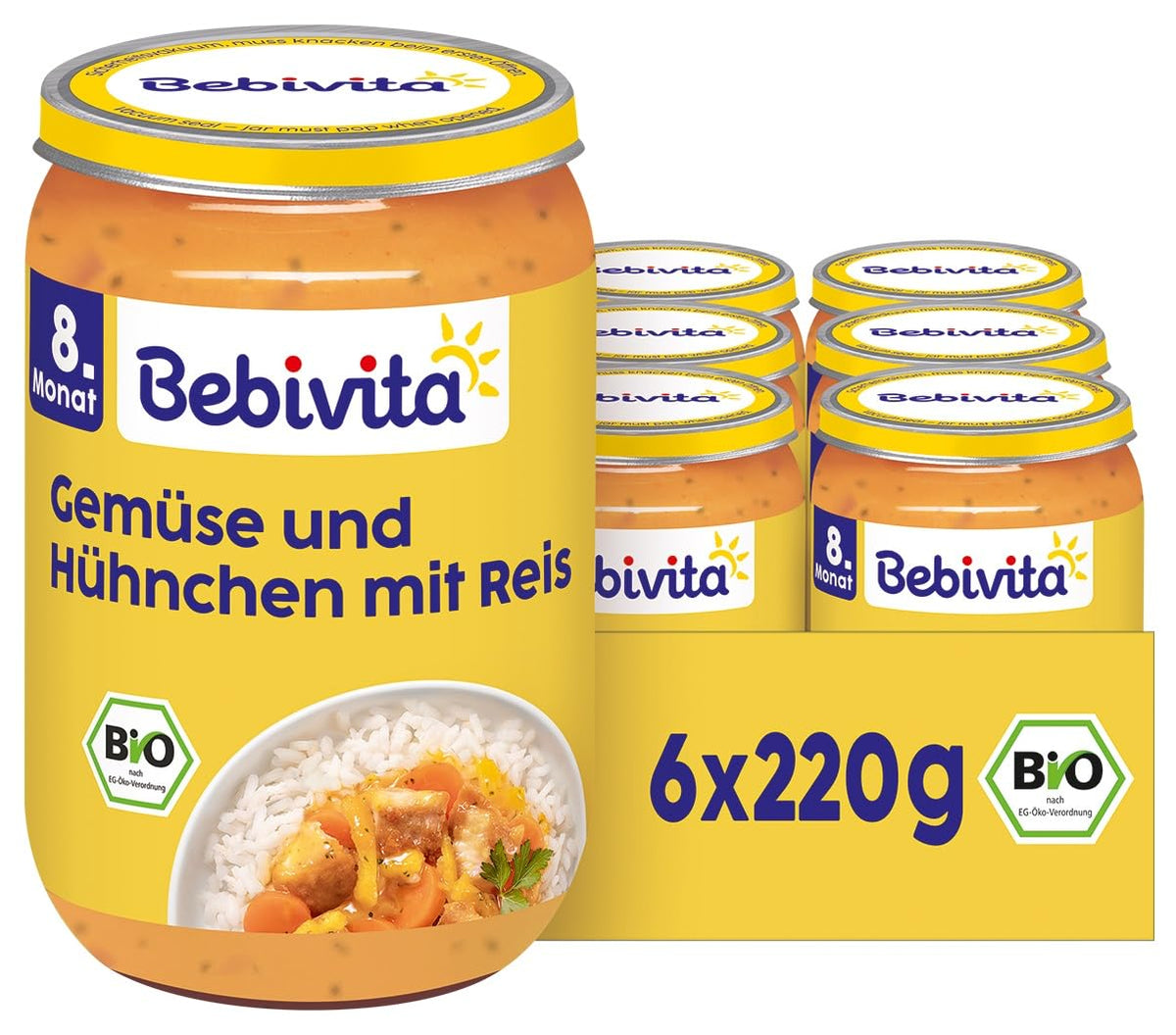 Mese de la 8 luni - Orez cu legume și pui, stil asiatic, 220g, pachet de 6 (6x220g)