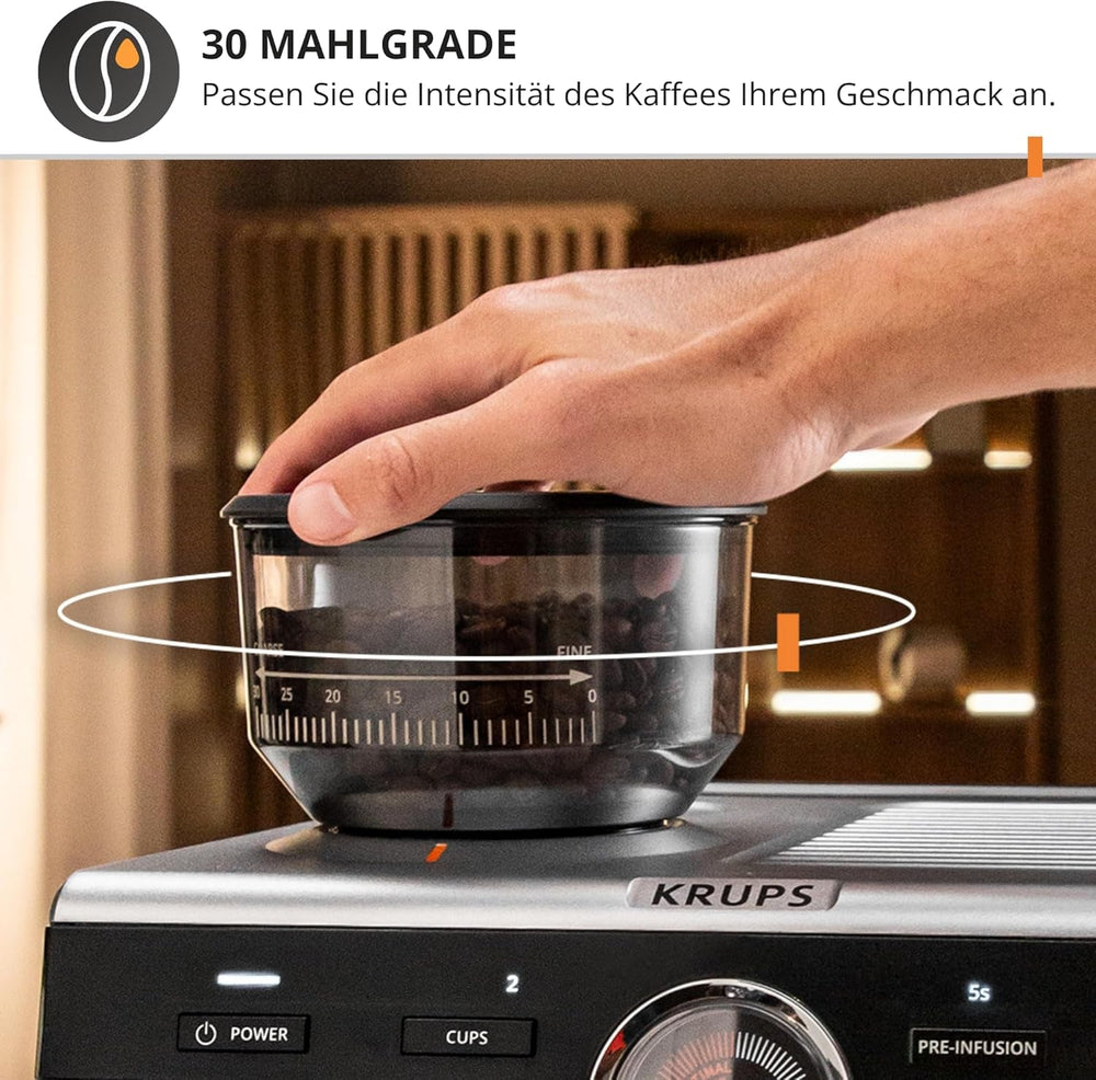 Espressor manual Krups Precision cu portafiltru și râșniță, aparat de cafea barista cu panou de control intuitiv, setări de pre-infuzare, espressor cu duză de abur, încălzire rapidă, XP801T10