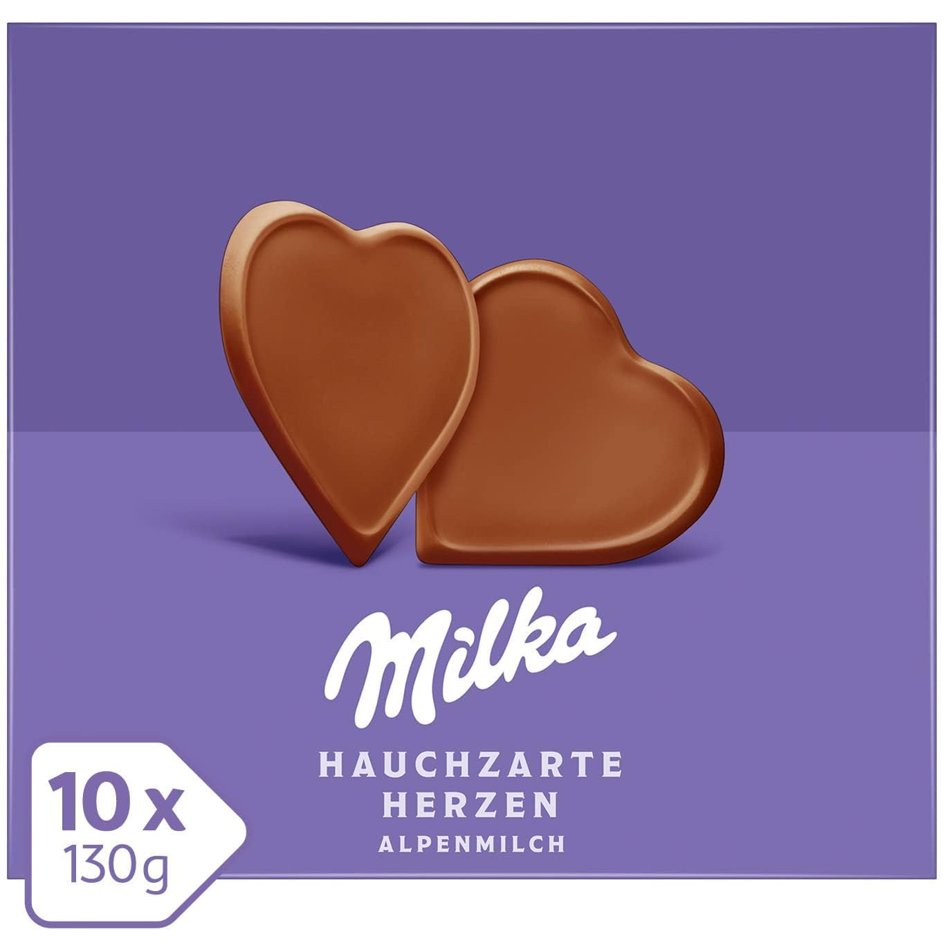 Milka I love Milka Hearts – Ciocolată alpină cu lapte care se topește în gură și alune fine de pădure – 10 x 130g