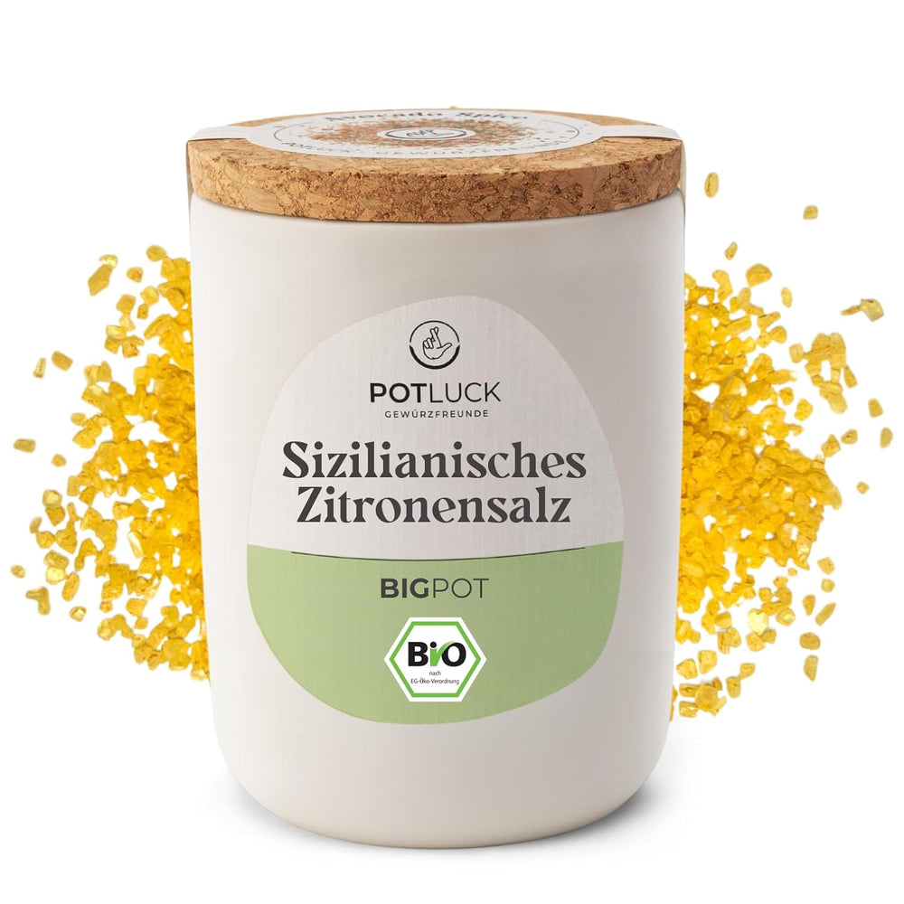 Potluck | Bio Sizilianisches Zitronensalz | Gewürzsalz für Fisch, Meeresfrüchte, Gemüse, Salate und Dressings | 140g im Keramiktopf