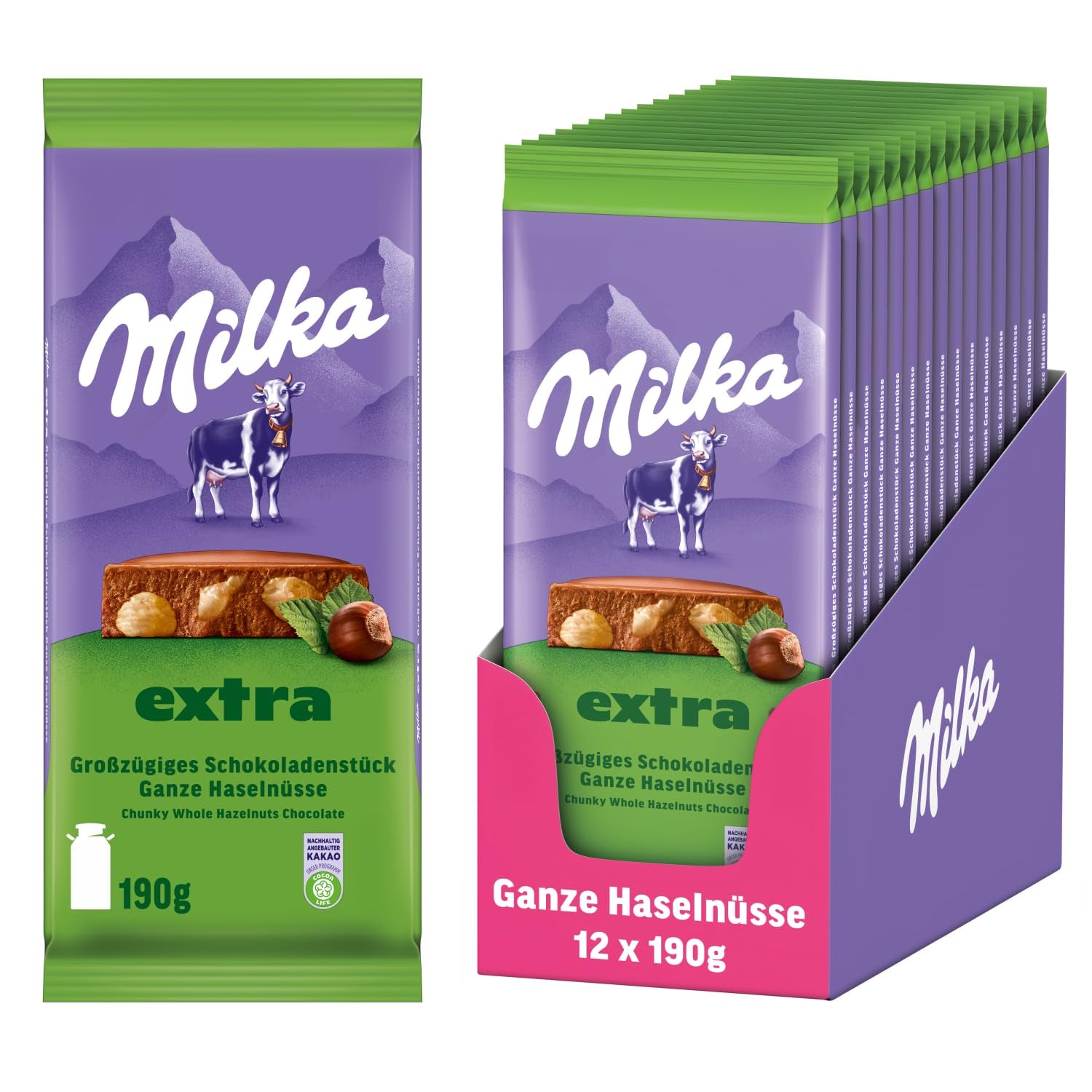 Alune întregi cu ciocolată Milka Extra – Ciocolată cu lapte alpină cu alune întregi crocante – 12 x 190g