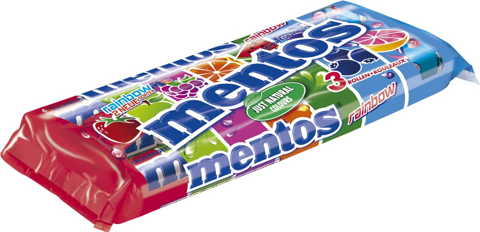 Mentos Fruit Dragees, Bomboane cu Fructe Portocale, Lămâie și Căpșuni, Bomboane Chewy cu Aromă de Fructe, Dulciuri (3 Role), Vegane (Pachet de 3)