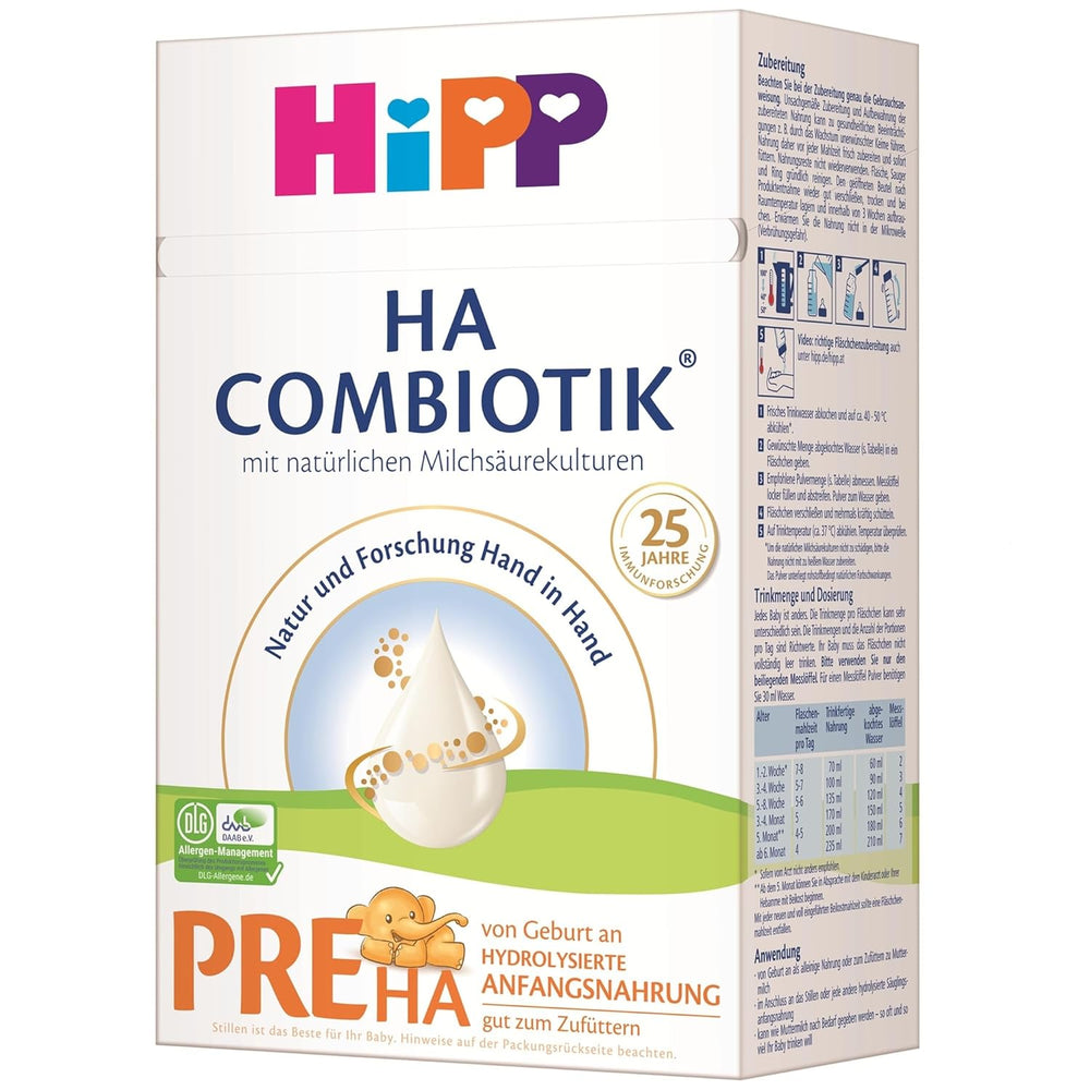 HiPP PRE HA Combiotik (4 x 600g), formulă de lapte praf hidrolizată pentru sugari de la naștere, cu culturi naturale de acid lactic, pentru sisteme imunitare sensibile