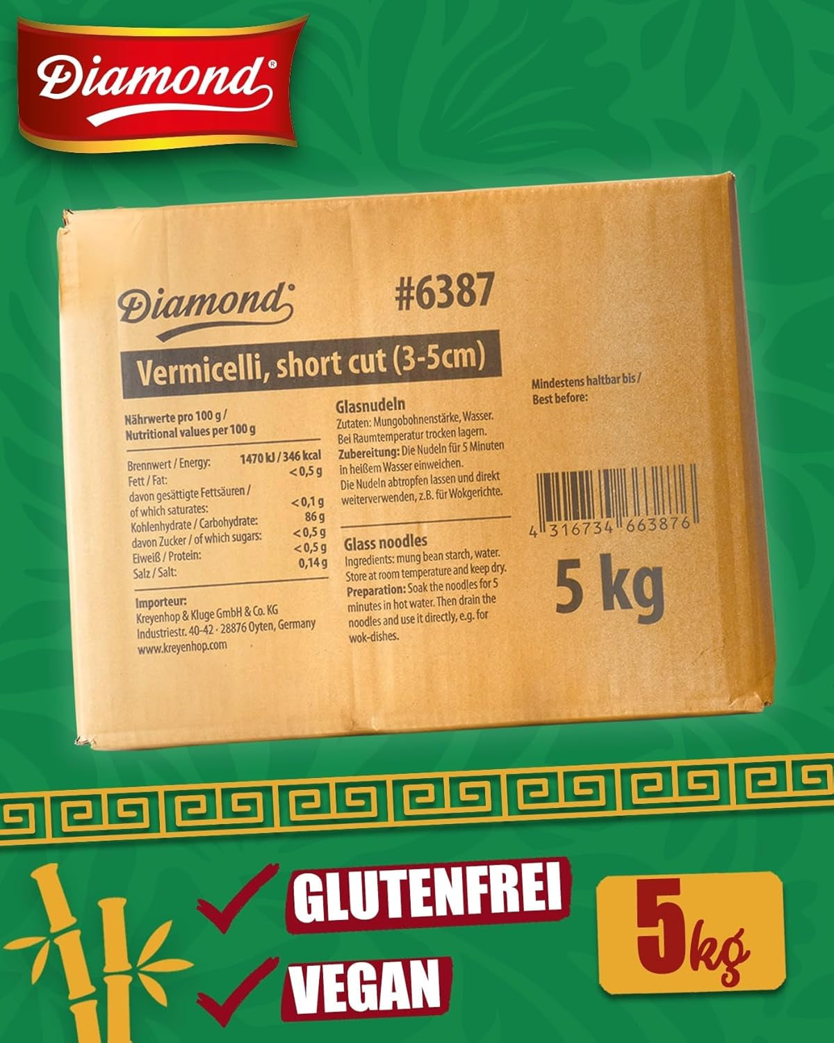 Tăiței de sticlă DIAMOND, tăiței scurți de sticlă din amidon de fasole mung, natural vegani și fără gluten - 1 x 5 kg