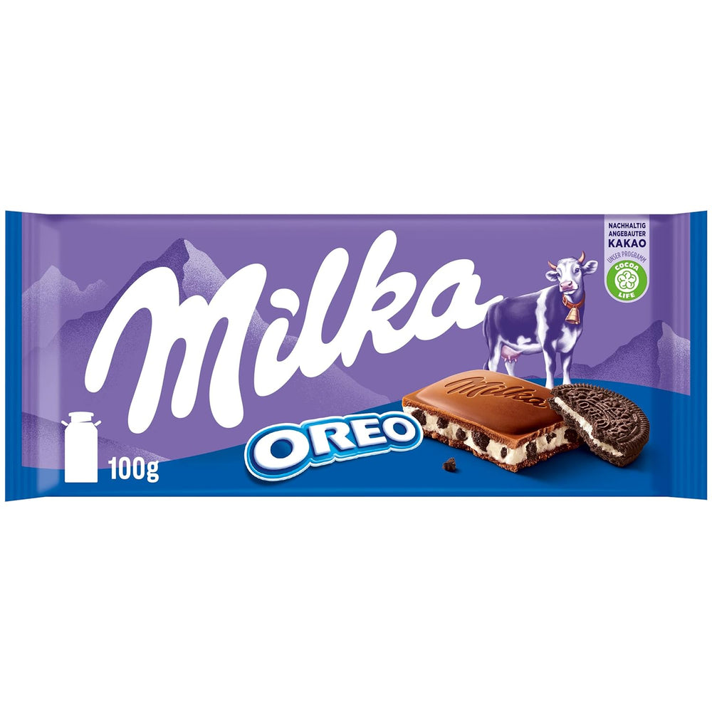 Milka Oreo – Ciocolată cu lapte alpină umplută cu bucățele crocante de biscuiți Oreo și cremă fină de vanilie – 100g