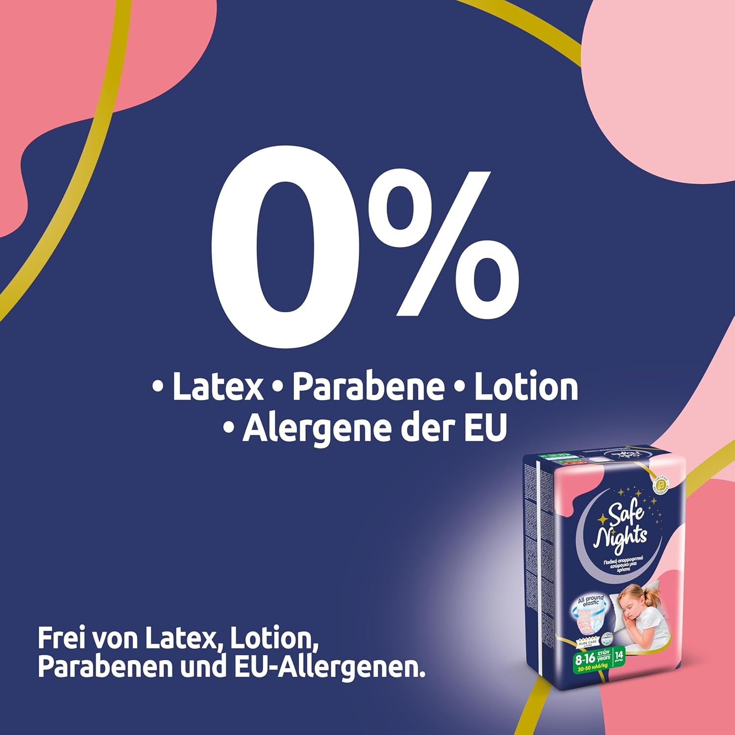 Safe Nights Girl, chiloți absorbanți de noapte pentru fete cu vârsta cuprinsă între 8 și 16 ani (30-50 kg), 14 bucăți