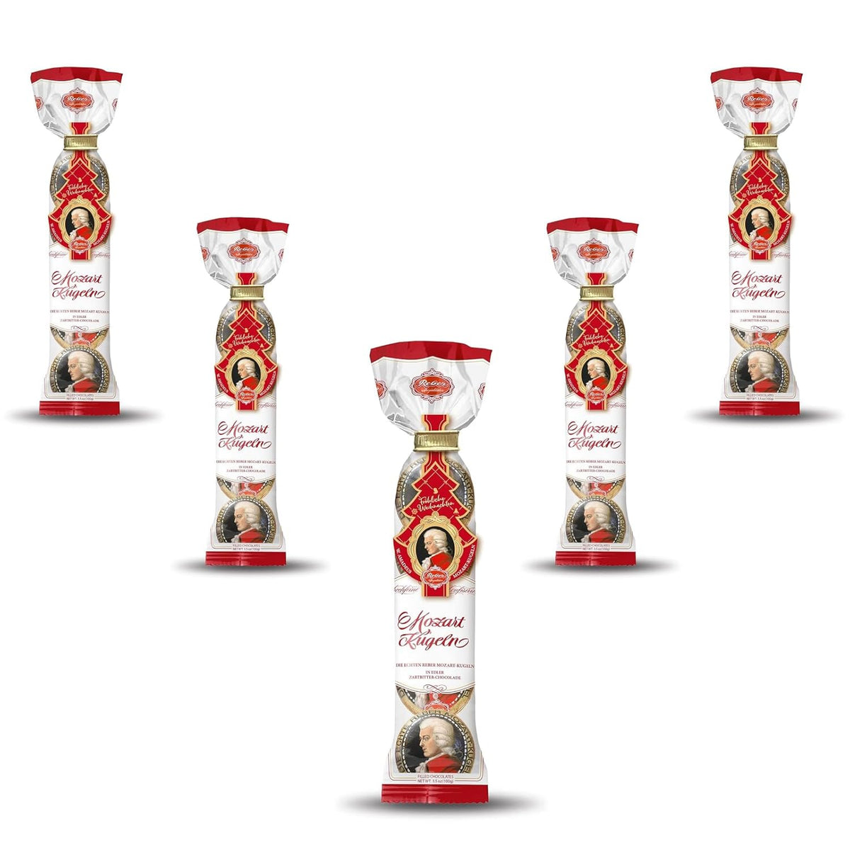 Bile Reber Mozart – 5 pungi de dulciuri a câte 5 bucăți în ediția de Crăciun – Bile Reber Mozart autentice, din ciocolată neagră, marțipan și nuga