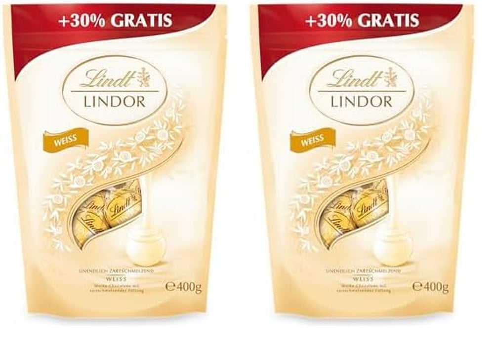 Bile de ciocolată albă Lindor | 400g | Aprox. 30 de bile de ciocolată albă cu umplutură care se topește în gură | Cadou de ciocolată | Cadou de ciocolată (pachet de 2)