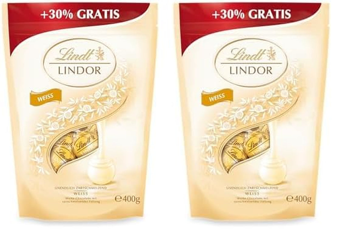 Bile de ciocolată albă Lindor | 400g | Aprox. 30 de bile de ciocolată albă cu umplutură care se topește în gură | Cadou de ciocolată | Cadou de ciocolată (pachet de 2)