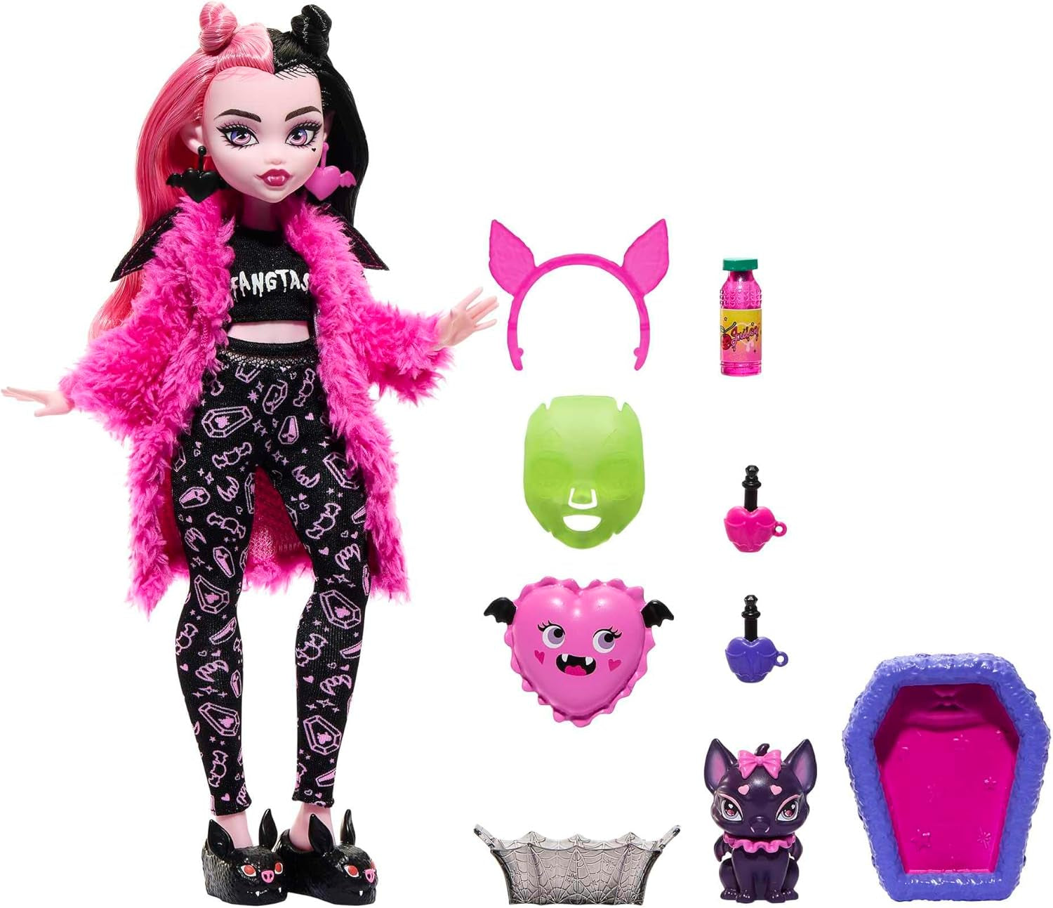 Păpușă MONSTER HIGH și accesorii pentru petrecerea în pijamale, animalul de companie al păpușii Draculaura Bat Count Fabulous, Creepover Party, HPY66 Papusi Naty Shop