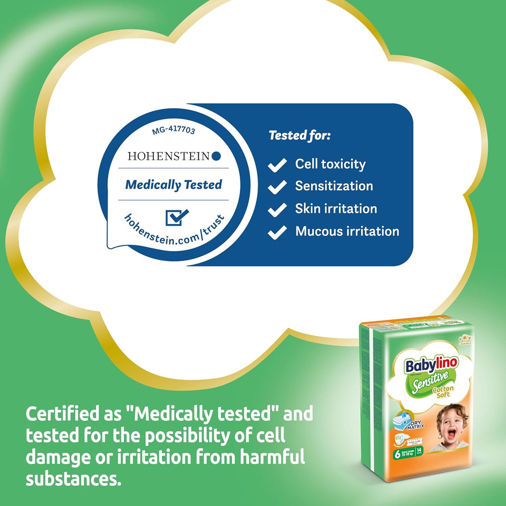 Scutece pentru bebeluși sensibili, mărimea 6, extra mari (13-18 kg), 114 scutece