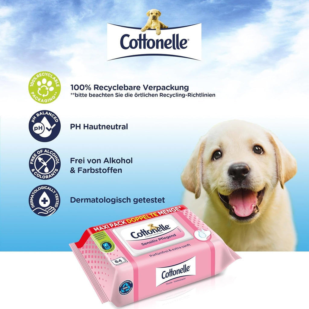 Hârtie igienică umedă, Sensitive Care - fără parfum, biodegradabilă, fără plastic, resigilabilă, 1 X 84 șervețele umede (pachet unic)