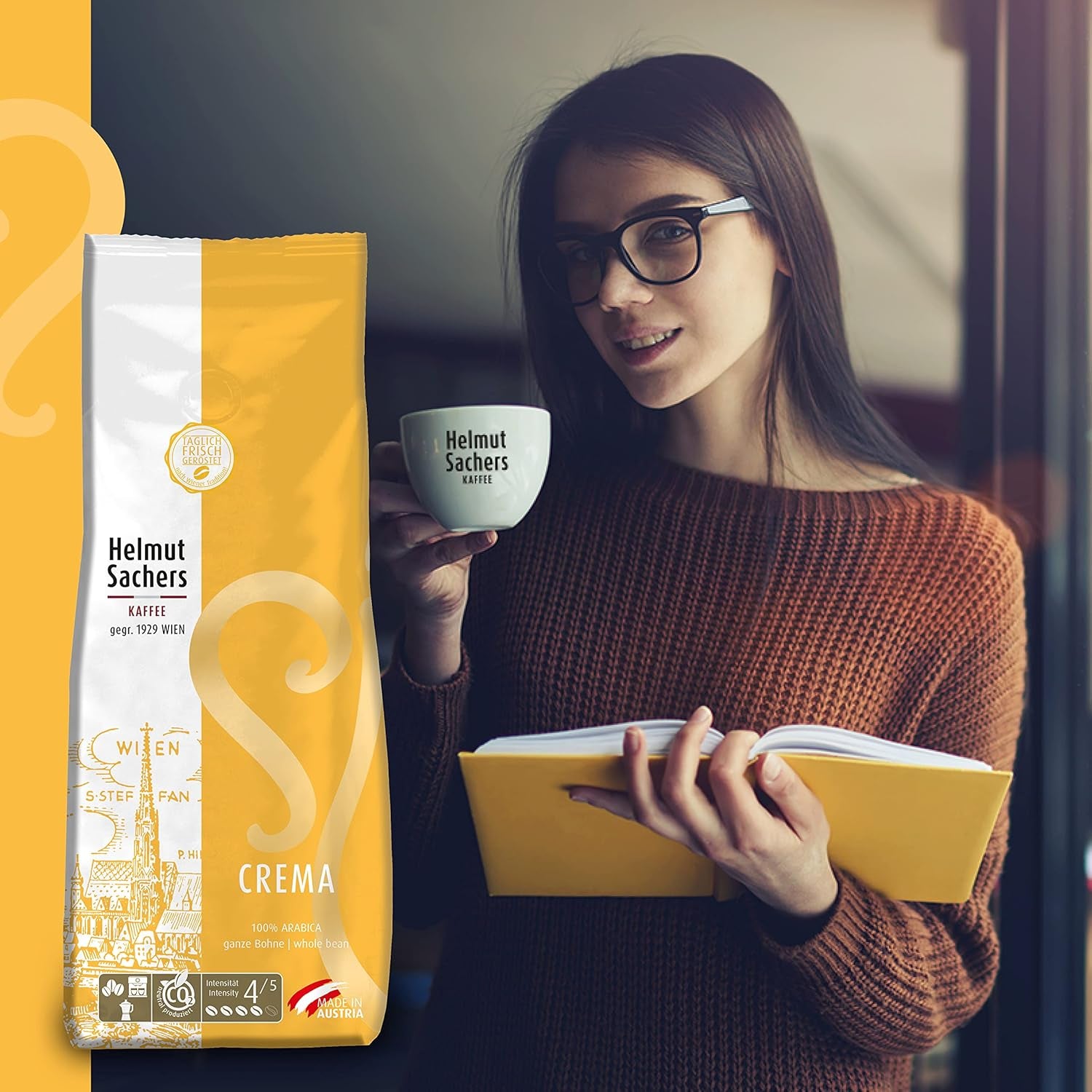 Cafea Helmut Sachers - Crema, Intensitate 4/5, 100% Arabica, boabe întregi de cafea, 6 x 500g
