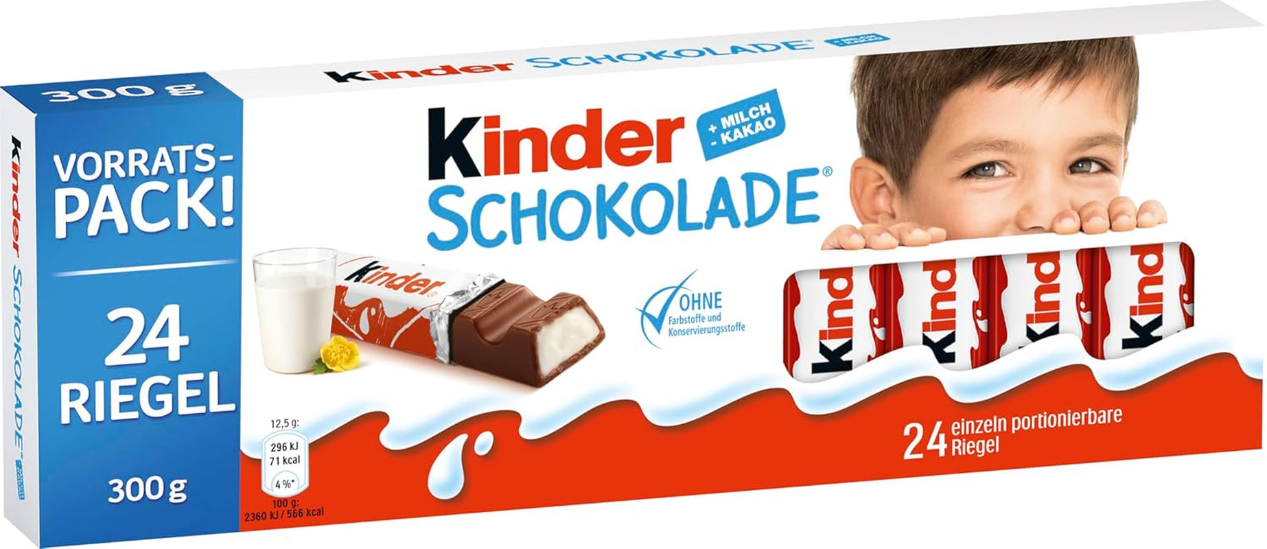 Kinder Chocolate – Batoane de ciocolată din ciocolată cu lapte umplută – 1 pachet conținând 24 de batoane individuale (24 x 12,5 g).