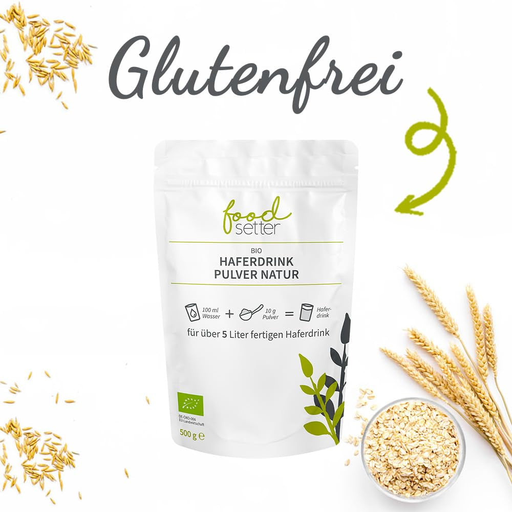 foodsetter Bio Haferdrink Pulver | 500g Beutel | Haferpulver | Instant Haferpulver | Bio-Quallität | Vegan | Glutenfrei | Ohne Zuckerzusatz | 0,5kg
