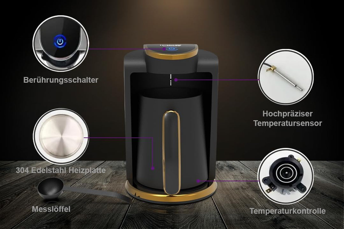 Cafetieră turcească Inca | Türk Kahve Makinesi | 250ml (1-4 cești) | 400W | IKM-01 | Protecție împotriva revărsării și fierberii fără apă | Placă de încălzire din oțel inoxidabil | Oprire automată | Pentru o cafea turcească perfectă