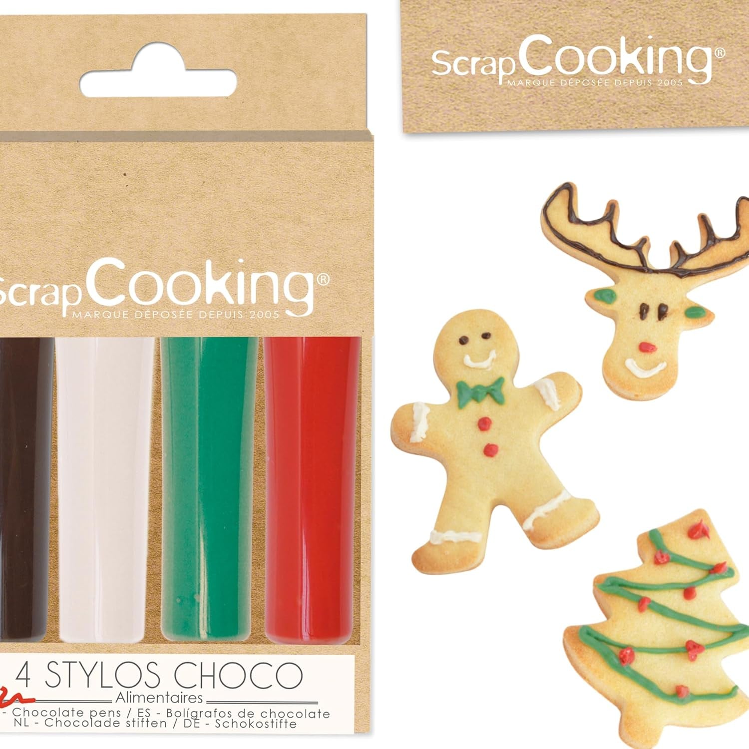 Scrapcooking - Set de 4 creioane colorate de ciocolată de Crăciun - Maro, Alb, Verde și Roșu - Colorant comestibil - Colorant alimentar pentru scris - Scrie și desenează pe deserturi, prăjituri și fursecuri - 7060