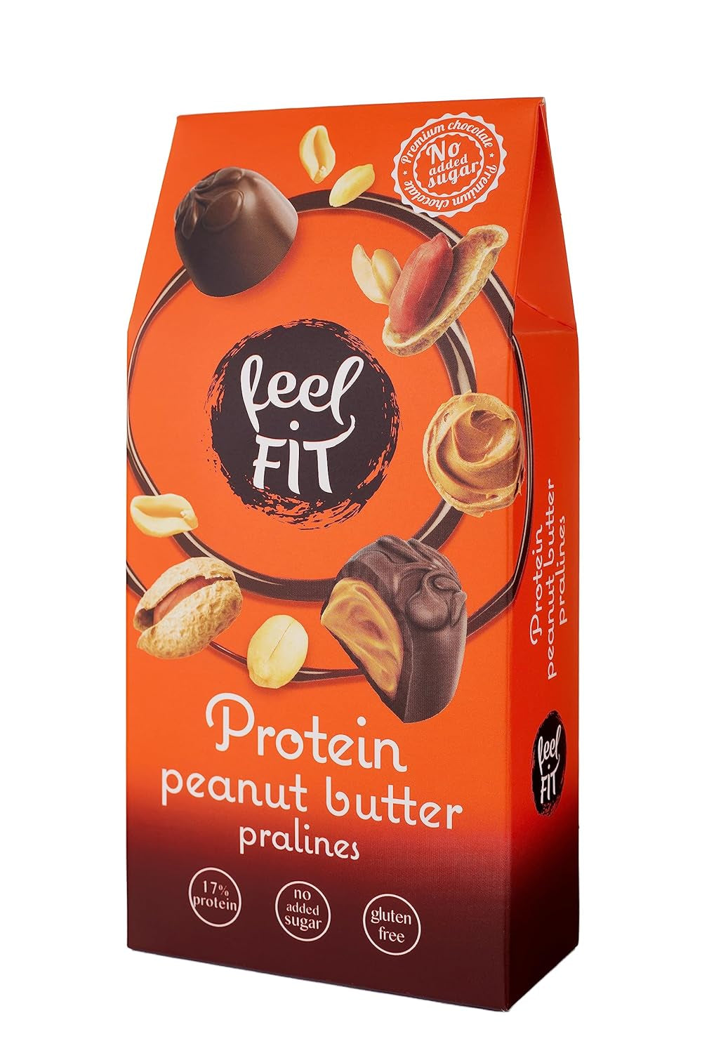 Praline proteice cu unt de arahide Feel FIT în ciocolată cu lapte de înaltă calitate, fără zahăr adăugat, 17% proteine, fără gluten 66 g (1 pachet)