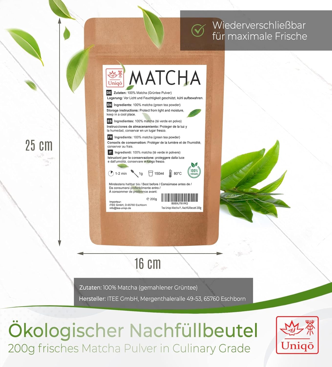 Ceai Uniqo Matcha pudră 200 g în ambalaj ecologic reîncărcabil
