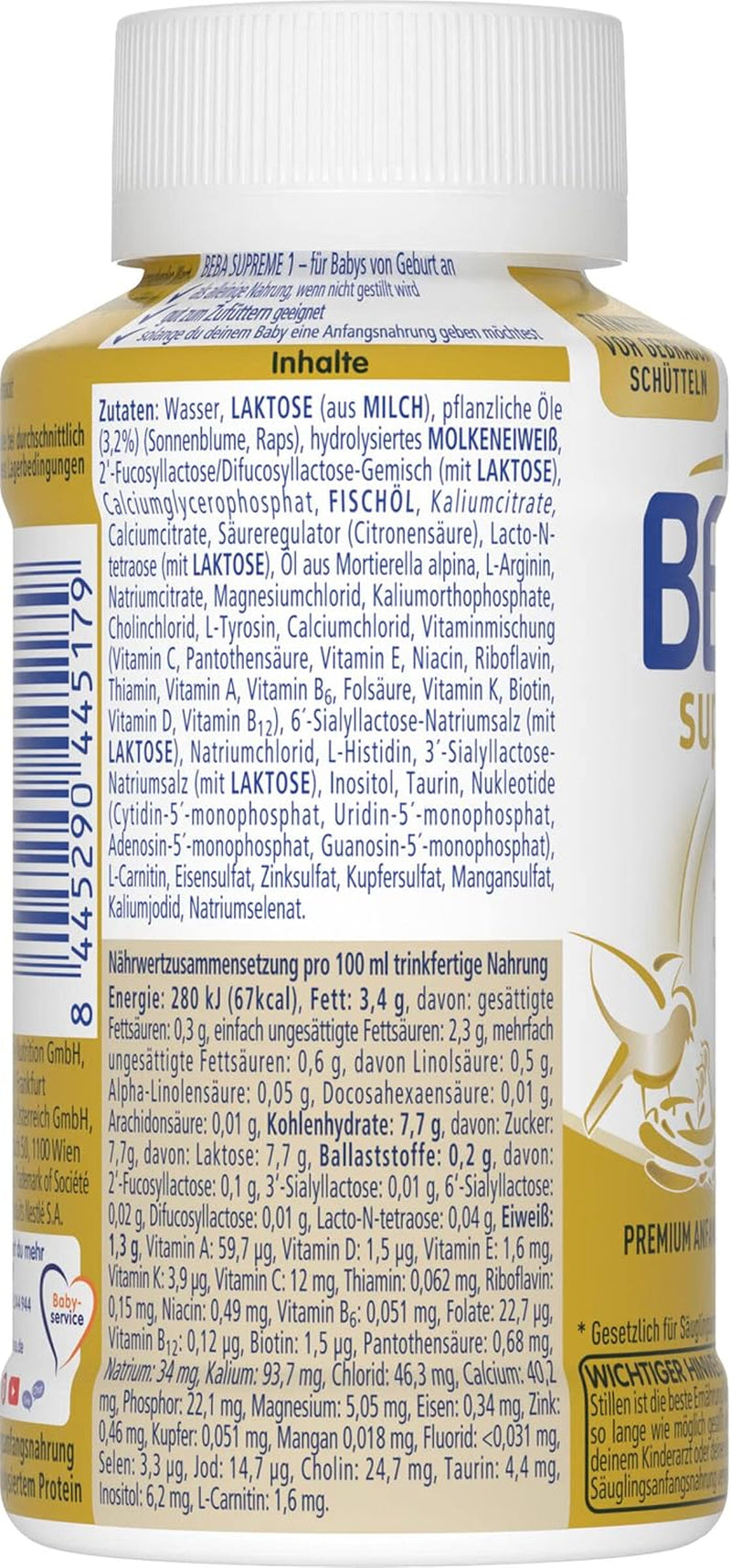 BEBA Nestlé BEBA SUPREME 1 Lapte pentru sugari: biberoane gata de băut, cu Omega 3, pachet de 4 (1 x 200 ml)