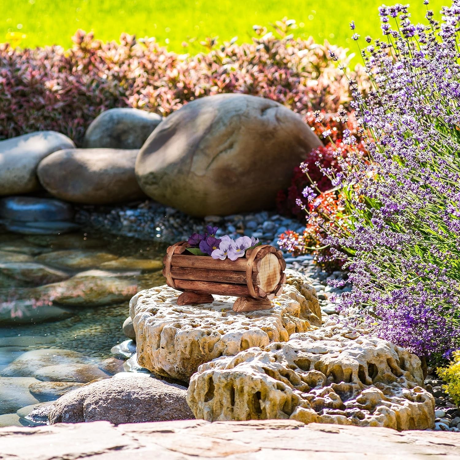 Ghiveci Relaxdays, lemn flambat, 2 piese, decorațiune de grădină, jumătate de butoi pentru flori, design vintage, ÎL: 11x20x9 cm, natural