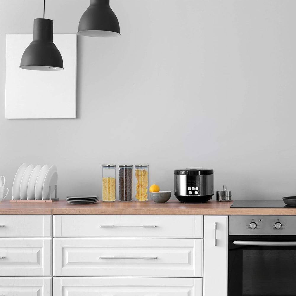 Jar de depozitare Relaxdays set de 3, etanș, capac din oțel inoxidabil, pentru paste, muesli și orez, recipient de bucătărie de 1,5 litri, transparent argintiu, 24 x 9,5 x 9,5 cm, transparent argintiu Cutii depozitare alimente Naty Shop