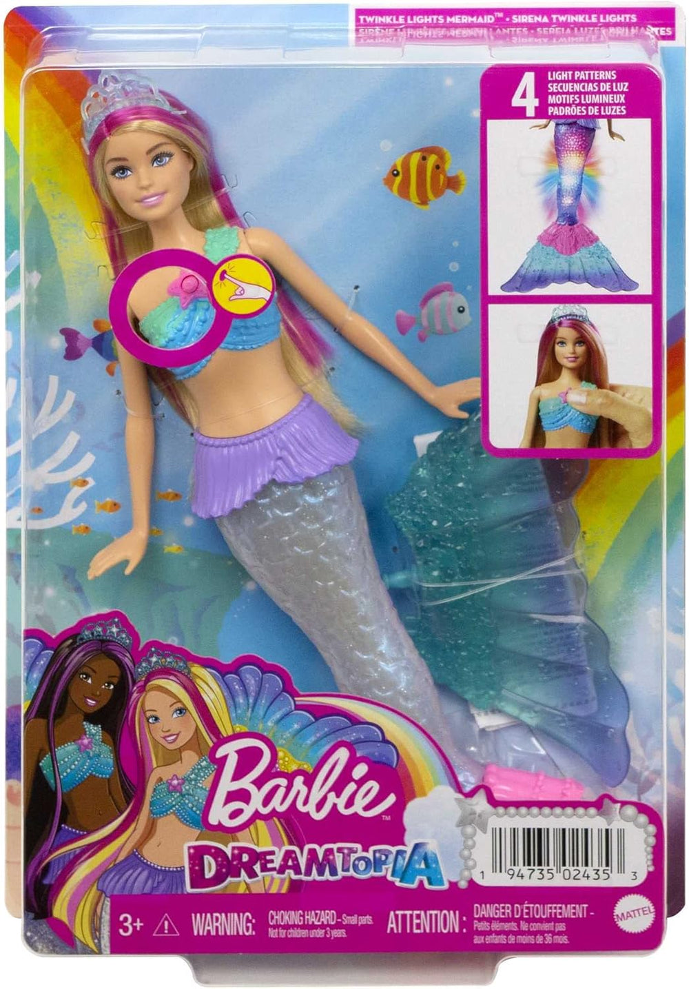 Barbie Dreamtopia Păpușă Sirenă Magică cu Lumină și Păr Blond, Păpușă Barbie cu Coadă de Sirenă, Potrivită ca și Cadou pentru Copii de la 3 Ani în sus, HDJ36