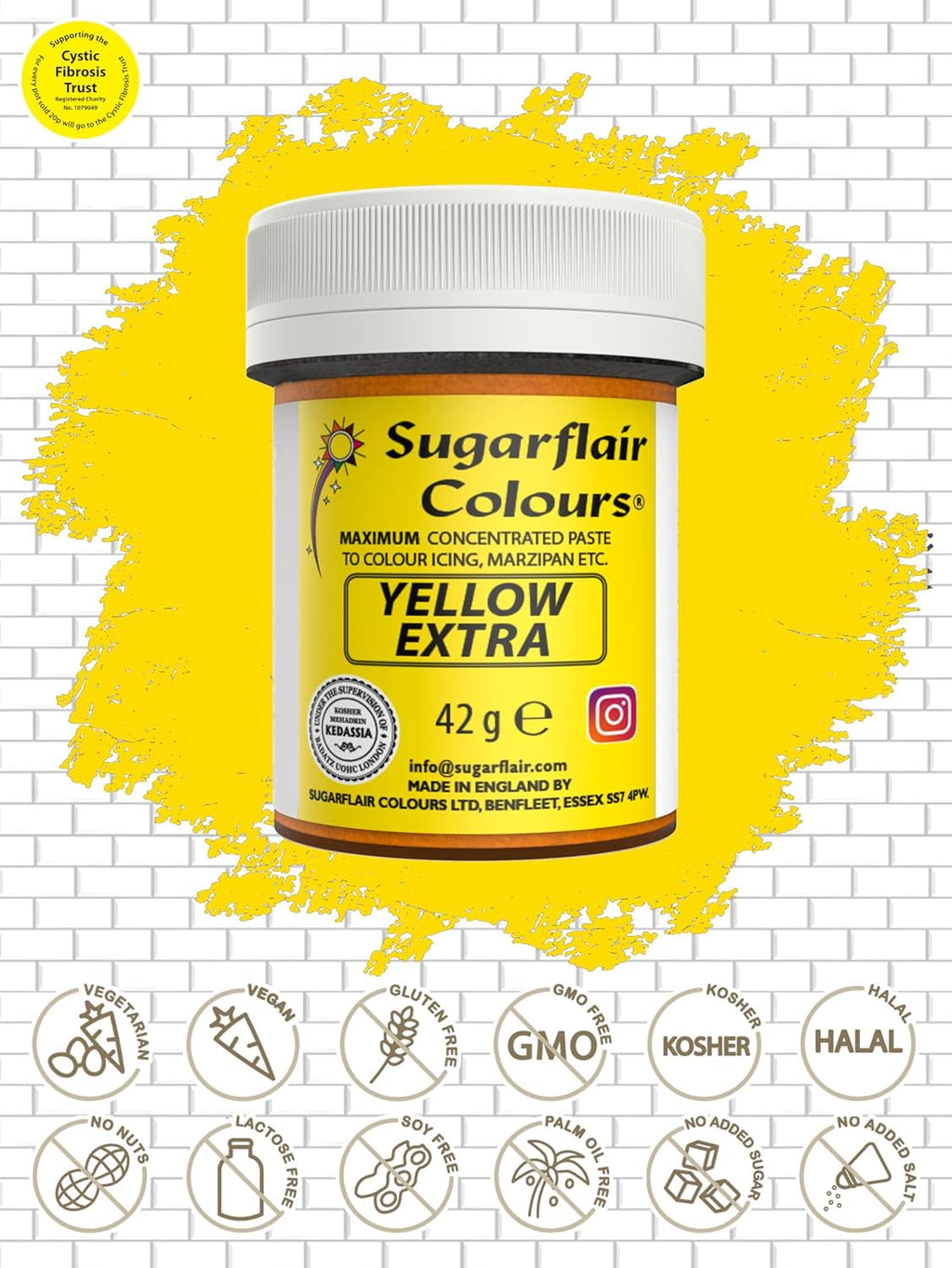 Colorant alimentar Sugarflair Max Concentrated Yellow Extra, colorant alimentar foarte concentrat pentru marțipan și fondant, colorant pastă Max Concentrate - 42 g